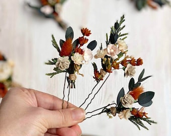 Autumn flower hairpins Burnt orange wedding hair pins Terracotta bridal accessories Headpiece for bride Eucalyptus bunny tails clips Magaela