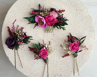 Ensemble d'accessoires de fleurs fuchsia Peigne à cheveux de mariée fleur Épingle à cheveux violet mariage Fleur Magaela accessoires Épingle à cheveux de mariée Peigne à cheveux fleur