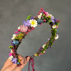 Colourful wedding hair wreath Pink and purple flower crown Meadow bridal wreath Bride to be Wildflowers crown with Handmade Magaela