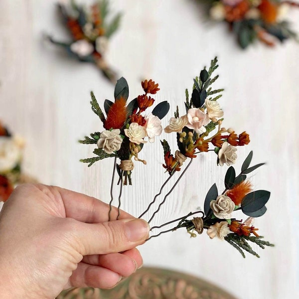 Autumn flower hairpins Burnt orange wedding hair pins Terracotta bridal accessories Headpiece for bride Eucalyptus bunny tails clips Magaela