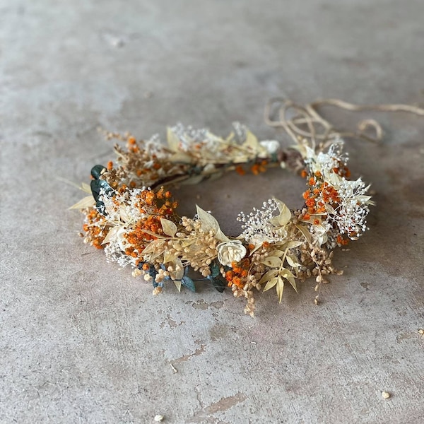 Burnt orange and ivory bridal flower crown Wedding accessories Autumn wedding Magaela Rustic flower crown Barn headpiece Flower jewellery