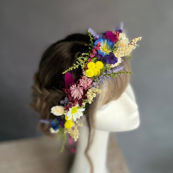 Meadow wedding crown Blue and fuchsia bridal crown Bride to be Wedding accessories Handmade Magaela Yellow wedding crown Summer wedding