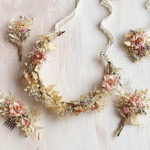 Romantische rustieke bloemenbruiloft set bruidshaarkroon Stoffig roze en ivoor hoofddeksel Gedroogde bruilofthaarkam Blush bloemenaccessoires Magaela