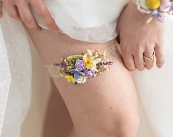 Purple flower garter for bride Wedding toss garter Flower accessories Lilac and yellow bridal garter with elastic lace Spring Magaela