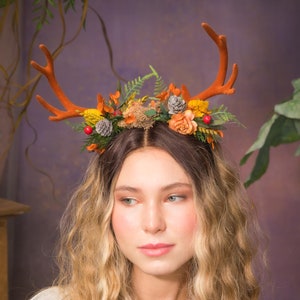 Autumn crown with antlers Autumn flower crown Fall accessories Halloween headband Woodland Fairytale crown Pagan festival Antlers crown