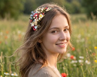 Poppy Meadow Headband with Daisies and Blueberries