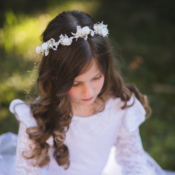 Communion wreath with white roses, Flower crown for girls, Magaela, First holy communion wreath, Jewelry White children wreath, Hair flowers