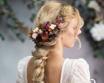 Peigne à cheveux de fleur d’automne Bourgogne magenta peigne à cheveux de mariage Accessoires de cheveux de mariée Peigne à cheveux personnalisé Magaela Casque de fleur rose