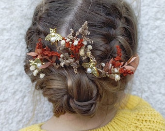 Hairpins with bees Terracotta flowers Glam headpiece Terracotta and gold hairpins Bee headpiece Autumn wedding Boho hairpins  Boho wedding