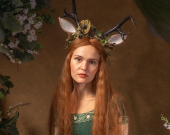 Corona de asta de ciervo de cuento de hadas: tocado de flor de anémona, cosplay de festival pagano