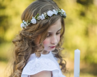 Bandeau de sainte communion avec voile Couronne de cheveux de fleurs blanches pour fille Accessoires de communion uniques Couronne de fleurs de Magaela personnalisable