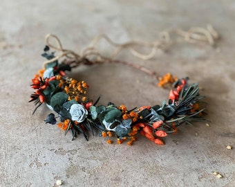 Couronne de cheveux de fleur naturelle Orange brûlé Accessoires de mariée Fleurs séchées Future mariée Couronne de mariage d’automne Couronne de mariée personnalisable Magaela