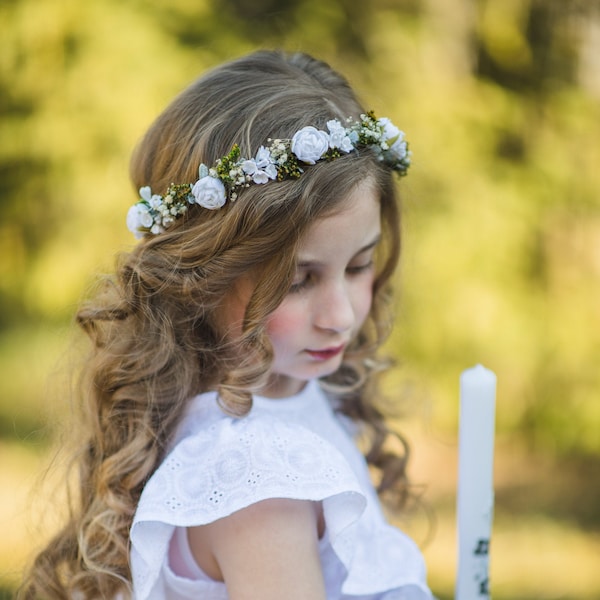 Holy communion headpiece with veil White flower hair wreath for girl Unique communion accessories Magaela flower crown Customisable