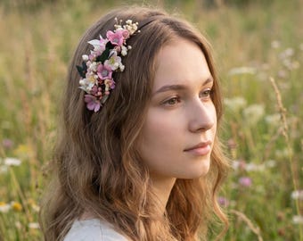 Floral Side Headband with Pink Flowers, Gypsophila and Eucalyptus