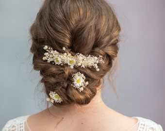 Peine de pelo de flor de margarita y alfileres de pelo Accesorios de flores de marfil Horquillas de aliento de bebé Joyería de flores de prado Tocado nupcial Gypsophila