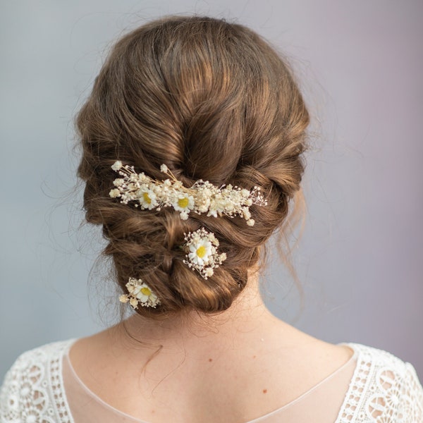 Daisy flower hair comb and hair pins Ivory flower accessories Baby's breath hairpins Meadow flower jewellery Bridal headpiece Gypsophila