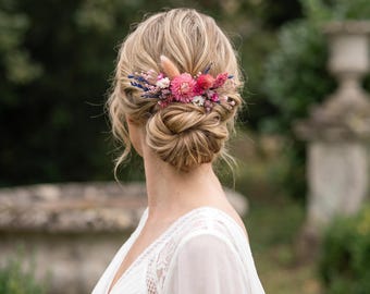 Pink and Purple Dried Flower Hair Comb | Helichrysum, Lagurus and Statice