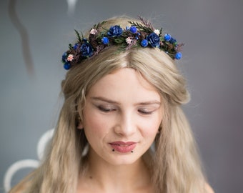 Winter flower headband with blue roses Winter wedding Frozen berries evergreen headband Navy floral crown Bridal accessories Magaela