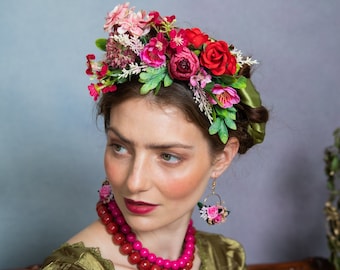 Pink and red Frida Kahlo headband Bridal flower crown Mexican cinco de mayo wreath Fuchsia wedding headpiece Magaela Peony and roses crown