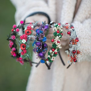 Winter flower headband Rose hips headband Xmas party Blue and purple funky hairband Poppy flowers Frozen red berries headband Magaela