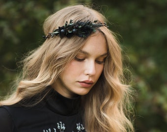 Couronne foncée de cheveux de fleur avec des baies vert foncé laisse la couronne de cheveux Magaela accessoires de couronne de cheveux nuptiale accessoires de mariage faits main foncé