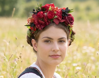 Red Frida Flower Headband: Flamenco Bridal Hair Crown