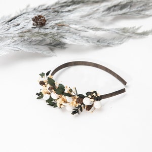 Green and white flower headband with pine cones Bridal hairband Woodland headpiece Magaela Unique Customisable Fairy hair accessories