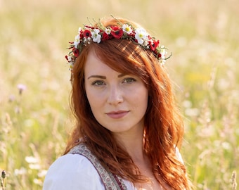 Folk Flower Wreath with Red Poppies and Daisies – Dirndl Accessory for Oktoberfest