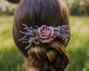 VERY PERI Romantischer lila und rosa Blumenkamm Hochzeit Kopfschmuck Brautkamm Violet Haarschmuck Staublila Kamm Individualisierbar Magaela