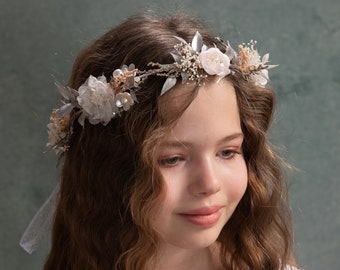 Romantic hair wreath White cream silver flower hair wreath for girl First holy communion Bridal crown Floral headpiece Bridesmaid Magaela