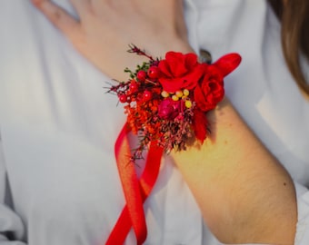 Red flower bracelet Bridal bracelet with berries Magaela Wedding wrist corsage  Bride to be Bridesmaid bracelet Red flower jewellery