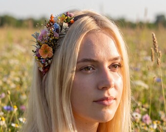 Wildflower Side Hair Headband with Orange Flowers, Ixodia and Gypsophila