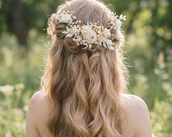 Ivory Preserved Flower Wedding Hair Vine - Bridal Headpiece