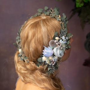 Blue Flower Bridal Hair Comb and Wreath: Boho Eucalyptus Set
