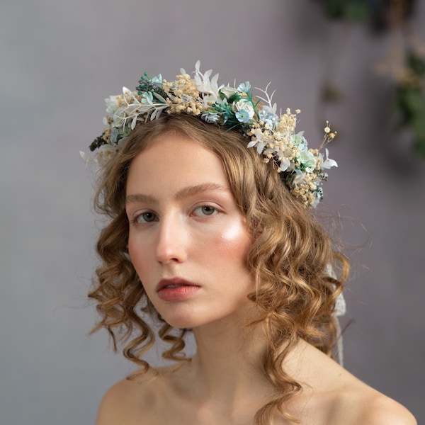Pale blue flower crown Bridal hair wreath Baby's breath dusty blue bridal crown Wedding accessories Magaela jewellery Boho crown Bride to be