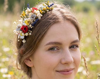 Floral Folk Headband with Wildflowers, Lavender, Gypsophila and Yellow Blooms
