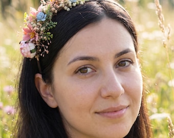 Blush Blue Wildflower Side Hair Headband with Peony, Blue Roses and Gypsophila