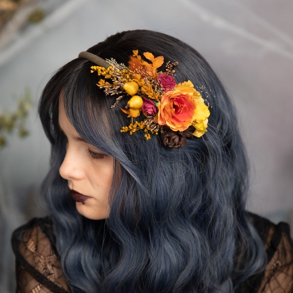 Diadema de flores de otoño Tocado de boda de otoño con peras Diadema nupcial Diadema naranja y amarilla Diadema de niña de flores Accesorios de otoño