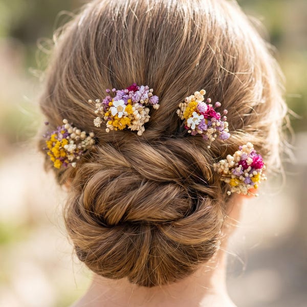 Dried Flower Hairpins: Magenta, Violet & Yellow Bridal Hair Accessories