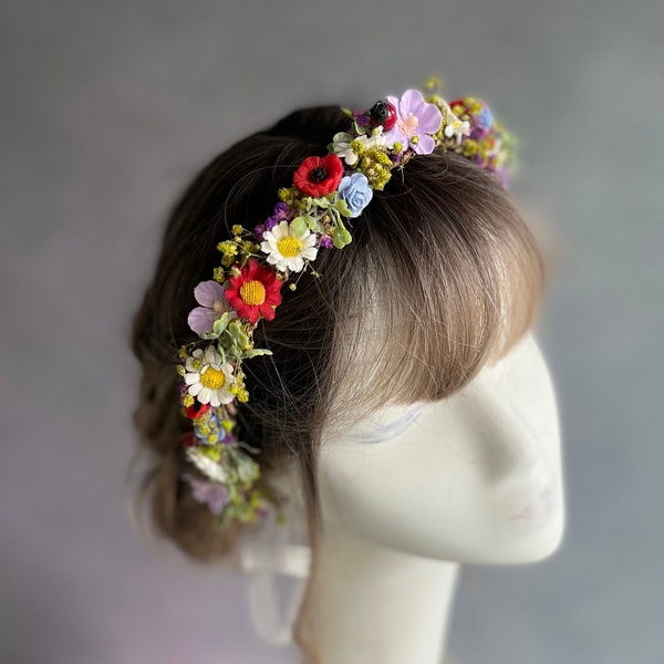 Colourful meadow bridal crown Daisy and poppy flower hair wreath Bridal accessories Folk Meadowy wedding Wildflowers hair wreath Magaela