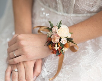 Autumn flower bracelet with roses Wedding wrist corsage for bride Burnt orange ivory pink wedding accessories Bridesmaid gift Magaela