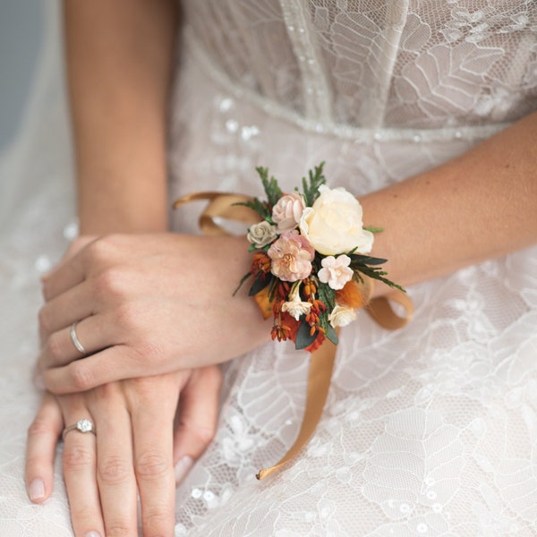 Bracelet fleur d'automne avec roses Corsage de poignet de mariage pour mariée Orange brûlé rose ivoire accessoires de mariage cadeau de demoiselle d'honneur Magaela