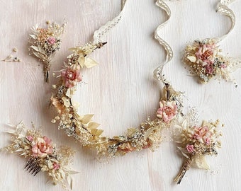 Set da sposa romantico con fiori rustici Corona per capelli da sposa Copricapo rosa antico e avorio Pettine per capelli da sposa secchi Accessori fiori blush Magaela