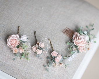 Romantic flower set Blush rose wedding hair comb Flower hairpins Wedding hairstyle Romantic pink wedding Bridal hair clips Magaela headpiece