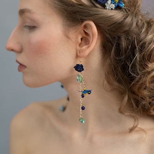 Blue flower earrings Long dangle and drop earrings Navy roses earrings Prom jewellery Navy wedding accessories Magaela Bridal jewellery