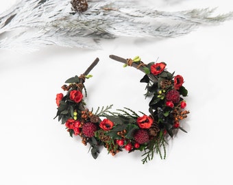 Flower headband with pine cones Red winter hairband Bridal accessories Wedding hair jewellery Woodland wedding headband Berries Magaela