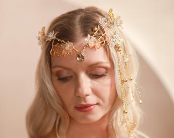 Gold Bridal Tiara with Pearl Veil – Detachable Wedding Headpiece