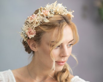 Romantic rustic flower hair crown Blush and ivory bridal hair wreath Wedding hair accessories Vintage Dusty pink and cream flower crown
