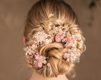 Romantic flower hairpins Wedding flower hair pins Butterfly bridal headpiece Pink Blush roses dried hair pins Custom accessories Magaela