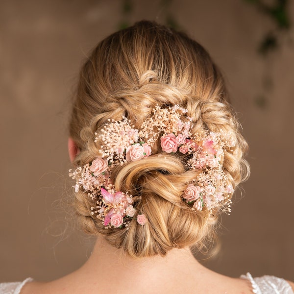 Épingles à cheveux de fleurs romantiques Épingles à cheveux de fleurs de mariage Coiffure de mariée papillon Pink Blush roses épingles à cheveux séchées Accessoires personnalisés Magaela